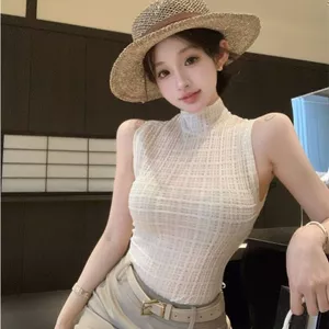 Áo Vest không tay cổ cao kẻ sọc cổ điển kiểu Mỹ mùa hè Phong cách mới Hot Girl Skinny Slimer Look Niche Strapless Top