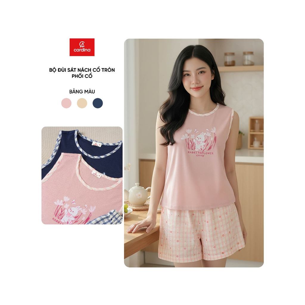 Bộ đồ mặc nhà nữ CARDINA chất liệu tăm lạnh sát nách cổ tròn và quần đùi thô 6BFN01