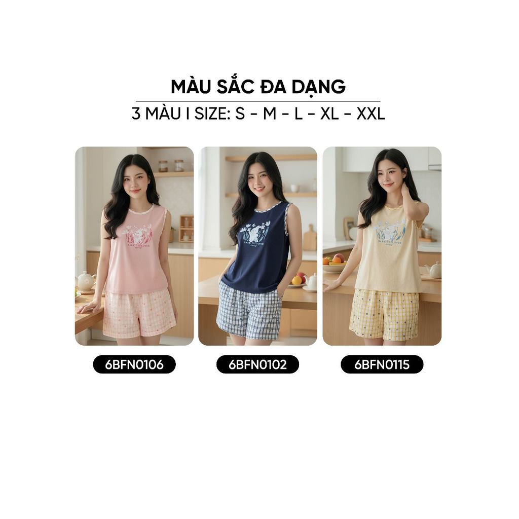 Bộ đồ mặc nhà nữ CARDINA chất liệu tăm lạnh sát nách cổ tròn và quần đùi thô 6BFN01
