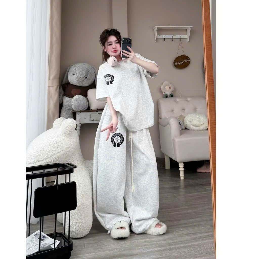 Sét bộ đồ nữ dáng dài da cá in ngựa màu xám đậm +phối áo phông xám đậm form rộng unisex chất mát