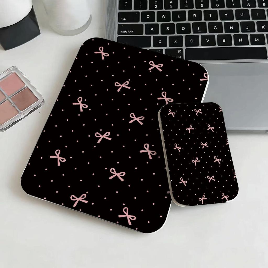Gương gấp mini họa tiết nơ hồng nền đen gương makeup nữ cá tính