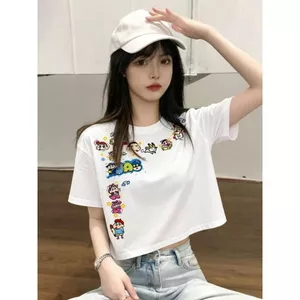 In Hình Áo Thun Tay Ngắn Phong Cách Ngắn Crayon Shin-Chan Hoạt Hình Mùa Hè Nữ Rời Top Nữ Cotton Nguyên Chất