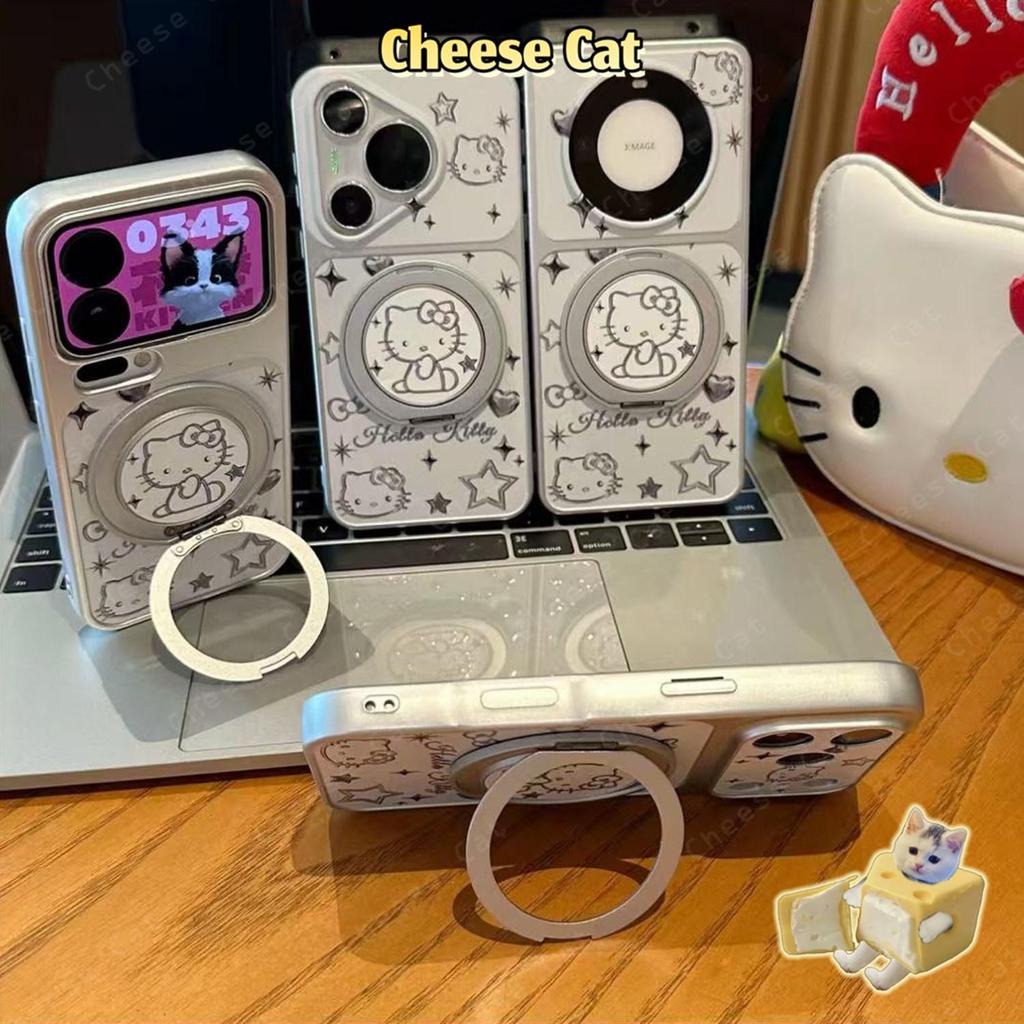 Ốp Điện Thoại Da Kitty Dây Bạc Có Chân Đế Xoay Bằng Kim Loại Cho iPhone 16 17 13 14 15 Plus 12 11 Pro Max Xs XR