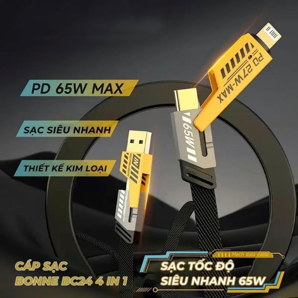 Combo Bộ Sạc Nhanh + Dây Cáp Sạc Trống Gãy Chống Rối 4 in 1 65w Sạc Nhiều Thiết Bị Tương Thích Cao