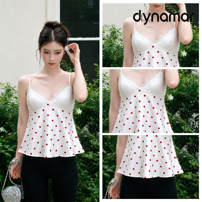【dynamar】Áo hai dây chấm bi, phối ren chất lụa mỏng mát có dây điều chỉnh