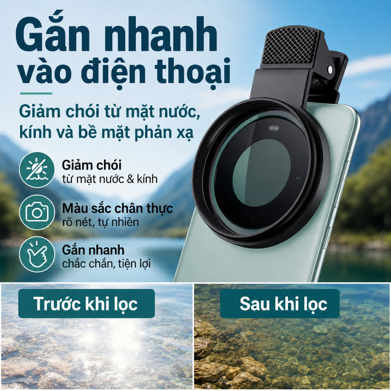 Bộ Lọc CPL 52mm Cho Điện Thoại - Kẹp Thường, Kèm Kính Lọc & Nắp, Loại Bỏ Phản Chiếu, Nâng Cao Chất Lượng Ảnh