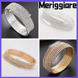 Vòng tay cánh tay trên MERIGGIARE, Vòng tay lấp lánh cuộn màu bạc bằng kim cương giả, Phụ kiện trang sức vòng tay linh hoạt màu vàng Punk sáng tạo