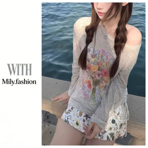 Milyfashion Pure Desire Họa Tiết Hoa In Hình Chống Nắng Slanted Vai Áo Thun Dây Rút Top Mùa Hè Phong Cách Mới Rời Tay Dài Y2K X0Y4