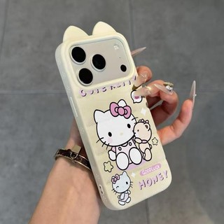 Ốp lưng tai mèo áo lông vũ Hello Kitty ôm gấu dễ thương, phong cách ins nữ tính cặp iPhone 16/17/15/14/13/12/11/X/XS Max