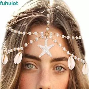 Chuỗi đầu FUHUIOT Boho, Chuỗi tóc Bohemian phong cách đại dương, Chuỗi đầu vỏ Sao biển thanh lịch Thời trang đính cườm Đầu mảnh mặc thường ngày