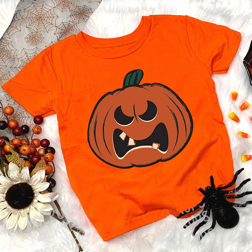 Áo thun ngắn tay in họa tiết bí ngô Halloween cho trẻ em 2-14 tuổi