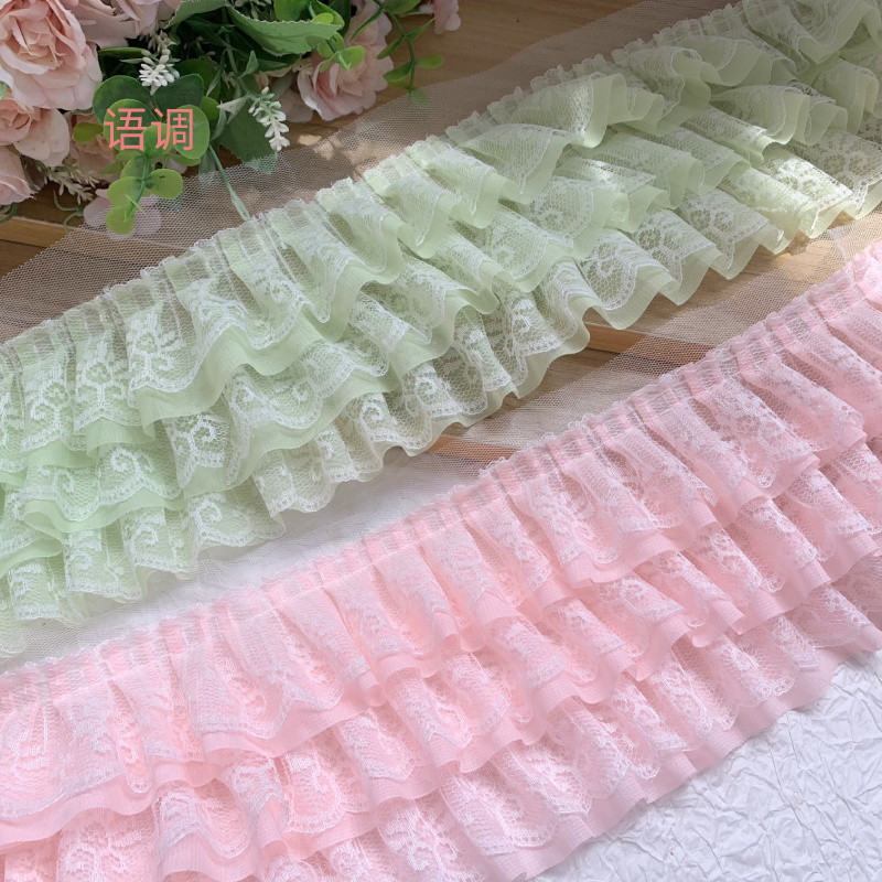 Phụ kiện trang trí váy DIY - 13cm nhiều màu ba lớp voan xếp ly ren