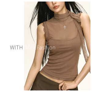 Milyfashion Áo Sling Không Tay Màu Cà PhêSlim Fit, Phong Cách Retro Mới, Thích Hợp Mùa Hè