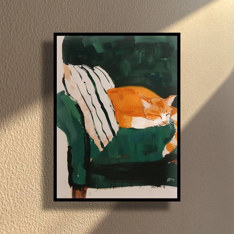 Mèo ngủ màu xanh đậm mèo con áp phích và in vải canvas phòng khách tối giản bức tranh tường trang trí nhà quà tặng