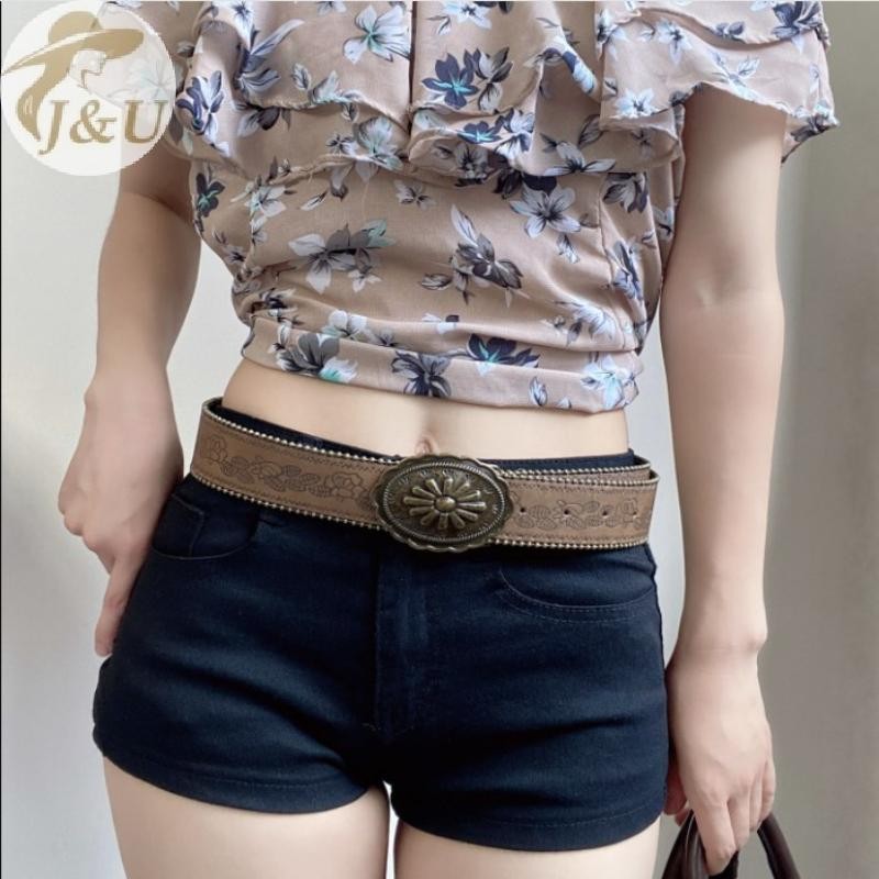 JU Thắt lưng boho rộng da nhân tạo, style vintage khắc khóa, màu nâu nổi, phù hợp với quần jean