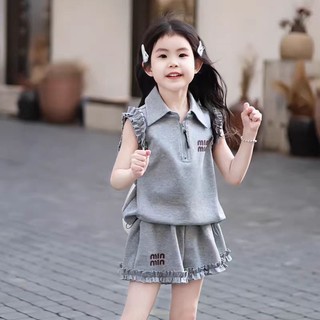 Bộ đồ bé gái phong cách Hàn Quốc mùa hè - Áo cổ bẻ không tay + quần short bèo dễ thương