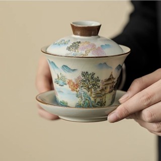 Ấm, Chén Sứ Pha Trà Bằng Sứ Men Lam Rạn Vẽ Họa Tiết Sơn Hà Cẩm Tú