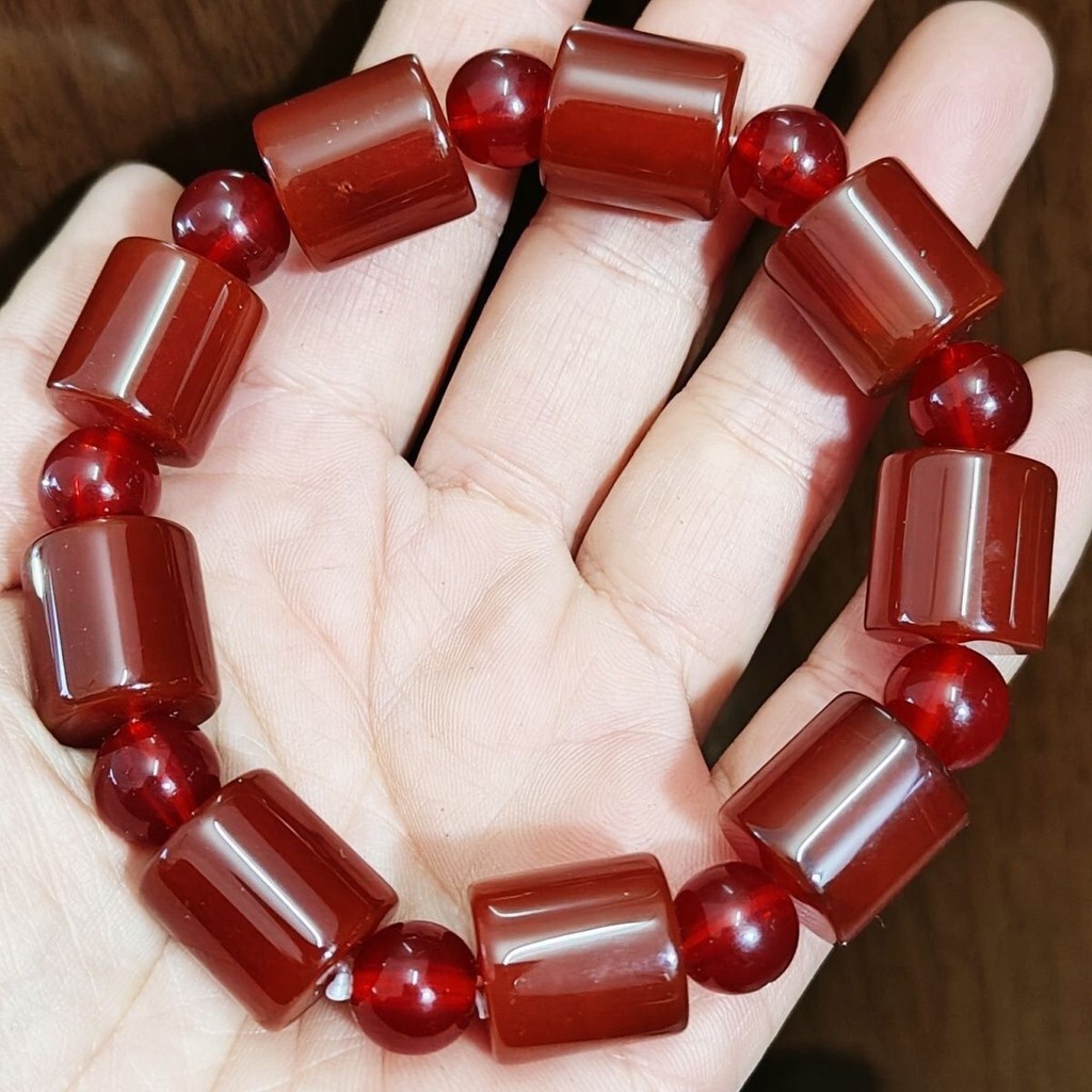 Vòng tay hạt thùng mã não tự nhiên màu đỏ, phong cách dân tộc cho cặp đôi