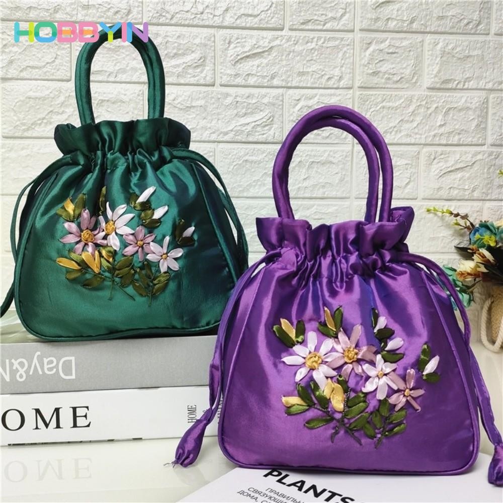 Túi cầm tay nữ nhỏ đựng điện thoại, họa tiết hoa thêu thời trang Dacron, kiểu xô dây rút
