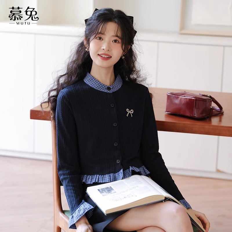 Mutu Phong Cách Pháp Giả Hai Mảnh Cổ Tròn Áo Len Cardigan Nữ Mùa Xuân 2026 Phong Cách Mới Preppy Phong Cách Dài Tay Dệt Kim Top