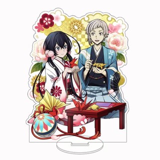 The "Bungou Stray Dogs" standees and collectibles are related to the anime "Dazai Osamu, Edogawa, Ranpo, Akutagawa