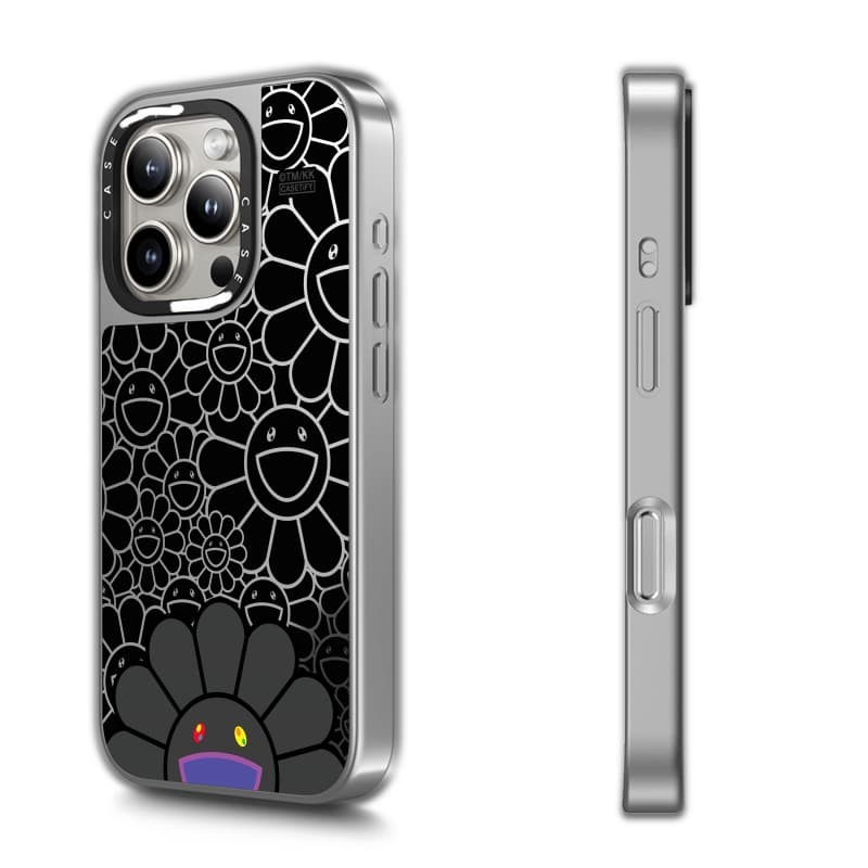TAKASHI MURAKAMI x CASECASE: FLOWERS BLOOM SMILE (ĐEN) Gương đen & bạc Vỏ iPhone hút từ tính cho iPhone 17 Air 16 15 14 13 12 Pro Max Plus logo khắc