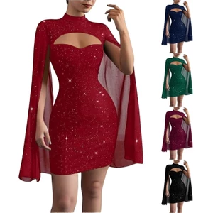 Váy dài tay đính sequin nữ váy cocktail cổ cao tay dài chảy phù hợp cho các bữa tiệc và othe