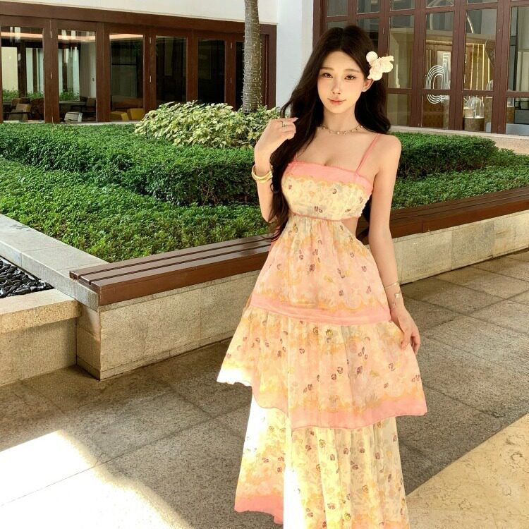 Đầm hoa tầng thiết kế lưng thắt dây ngọt ngào vintage