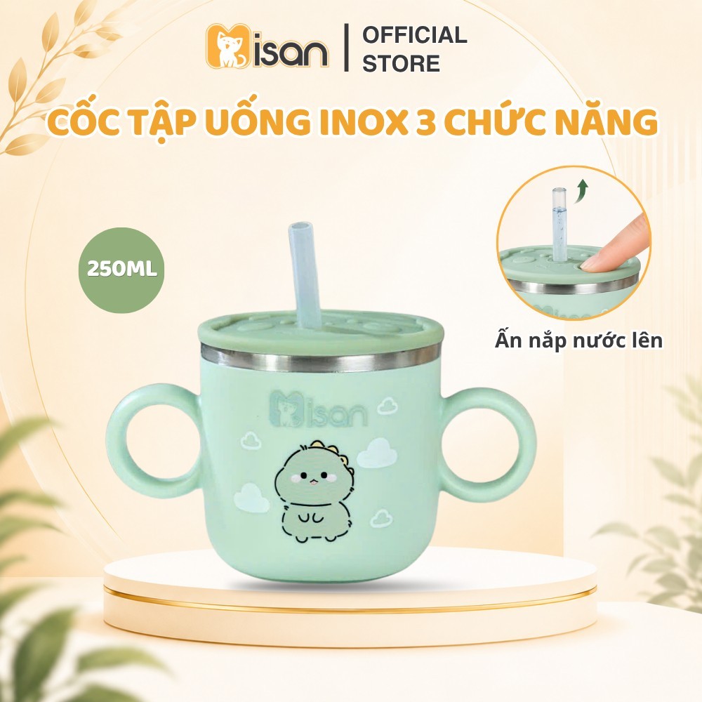 Cốc tập hút inox 304 cho bé MISAN 250ml 3 giai đoạn có vòi silicon, bình tập uống nước từ 6 tháng