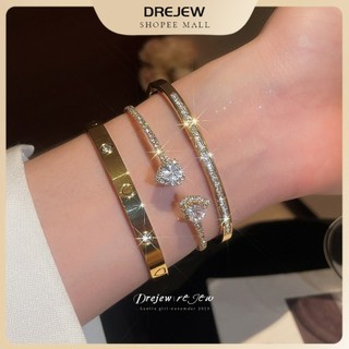 DREJEW Bộ vòng tay tông màu vàng tinh tế & nhẫn kim cương trái tim Phụ kiện thanh lịch có thể xếp chồng lên nhau