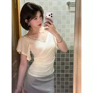 Pháp Sang Trọng Pure Desire Ren Khâu Cổ Chữ V Chữ V Eo Eo Ngắn Tay Áo Thun Nữ Mùa Hè 2026 Phong Cách Mới Thời Trang Hàng Đầu