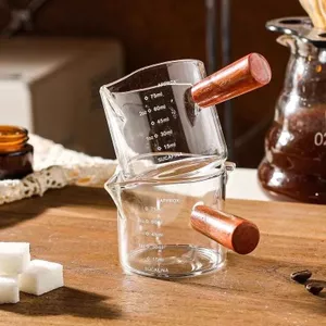 Cốc Cà Phê Cốc Sữa Thủy Tinh Dày Với Cân Ý Chiết Xuất Espresso Cốc Đo Chống Cháy Tay Cầm Bằng Gỗ Ounce Cốc 26.6.15