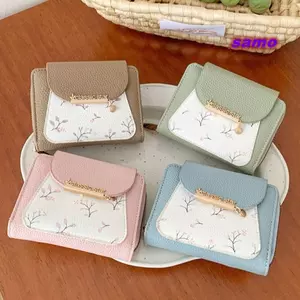 Ví đựng tiền xu SAMO, Ví nữ thêu hoa bằng da PU, Ví gấp nhiều khe cắm màu tối giản đa dung tích lớn Phong cách ngọt ngào tươi mát