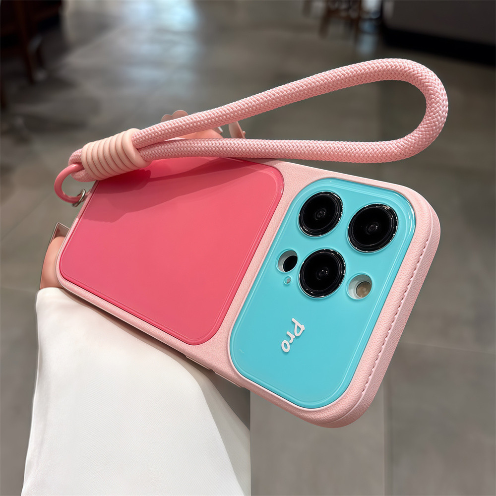 Ốp điện thoại dây đeo cổ tay màu tương phản thời trang cho iPhone 17 Pro Max 13 14 15 16 pro max Bảo vệ ống kính chống rơi Vỏ cứng bảo vệ điện thoại