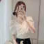 Áo sơ mi kẻ sọc ngắn tay kiểu Pháp mùa hè Phong cách mới Thiết kế thích hợp Sense Áo ngắn tay phồng một vai
