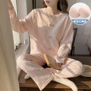 Bán Buôn Đồ Ngủ Ngọt Ngào Của Phụ Nữ Mùa Xuân Và Mùa Thu Dài Tay Quần Dài Đám Mây Đệm Ngực Ren Bộ Đồ Mặc Nhà Ngọt Ngào