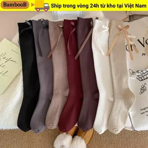 Ấm chân dệt kim BAMBOOB, Tất ruy băng nơ Lolita ấm áp mùa đông màu trơn, Vớ bốt cao đến đầu gối thoáng khí