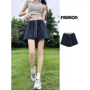 Quần short màu tương phản lớp không khí Kích thước lớn Thắt lưng co giãn Màu sắc phù hợp với thể thao Quần ống rộng dáng rộng thông thường