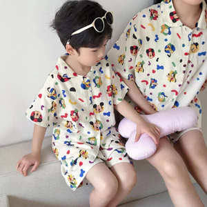 Tất cả bằng Cotton a-like Gạc Nhỏ Ve Áo Bộ Đồ Ngủ Ngắn Tay Trẻ Em Bộ Đồ Ngủ Loungewear Cha Mẹ-