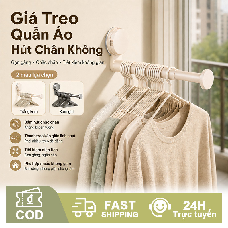 Giá treo móc quần áo hút chân không, bám chắc lực hút cao, chịu tải trọng lớn, không khoan tường, treo đồ tiện dụng