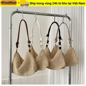 Túi rơm WOODNEST, Túi xách dệt dung tích lớn, Túi đeo vai bện thủ công bằng mây dễ thương dành cho nữ