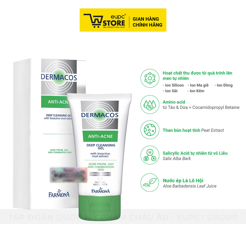 Sữa Rửa Mặt Farmona Dermacos Anti-Acne 150ml Dạng Gel Sạch Sâu Giảm Mụn Chứa Bùn Hoạt Tính Cho Da Hỗn Hợp, Nhạy Cảm