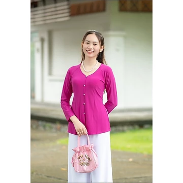 Áo lẻ thun bà ba nữ tay dài cổ tim, áo bà ba lẻ nhiều màu vải thun lạnh co giãn (AL-AOBBT) - Cúc Dưỡng