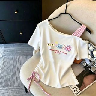 Áo thun bé gái cotton in hình dễ thương lệch vai - áo tay ngắn mùa hè thời trang cho trẻ em