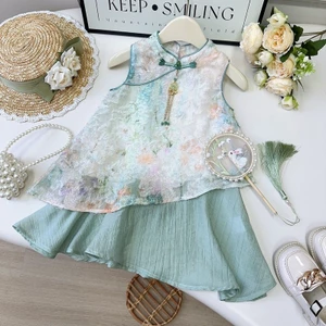 ✿ Bé Gái Phong Cách Trung Hoa Qipao Top & Váy 2 Bộ Hoa Jacquard Sườn Xám Trẻ Em Mùa Hè Hanfu Trang Phục