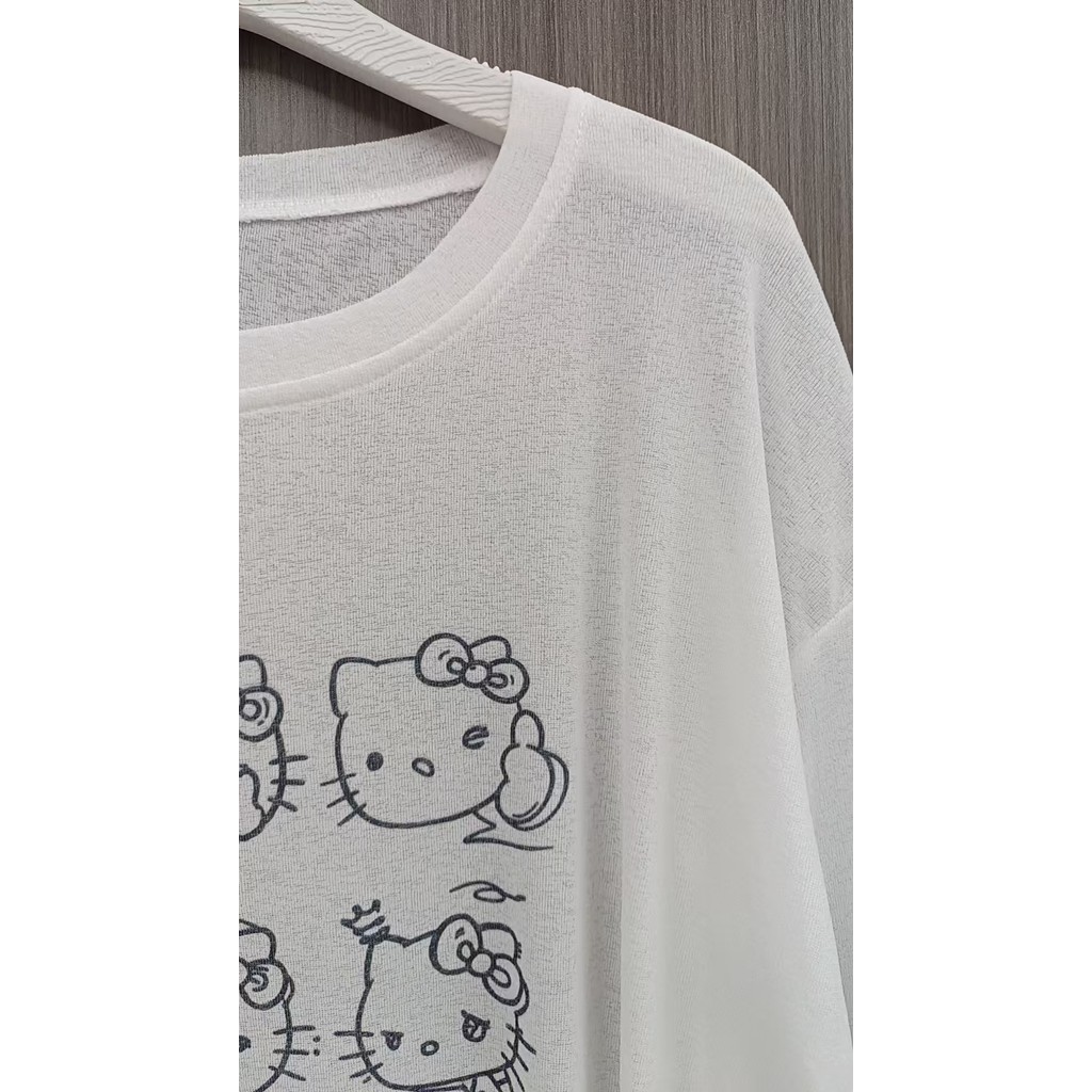 Milyfashion Loose Size Lớn Kem Chống Nắng Mùa Hè Phong Cách Mới Hoạt Hình Mèo kitty In Mỏng Đeo Vai Dài Tay T Quần Áo Nữ 59D2