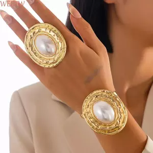 WEETW 2 Cái / bộ Vòng Tay Bộ Nhẫn, Bộ Trang Sức Hình Học Không Đều, Vàng Lớn Màu Bạc Phóng Đại Giả Ngọc Trai Thiết Kế Trang Sức Punk