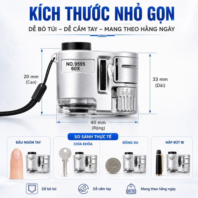 Kính Lúp Mini Cầm Tay 60X Màu Bạc Có Đèn LED Và UV Nhỏ Gọn Dễ Mang Soi Chi Tiết Trang Sức Đồng Hồ