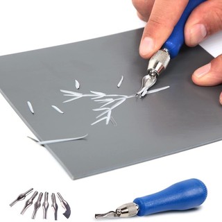 Máy cắt khối nghệ thuật- Dụng cụ khắc Linoleum thủ công với 12 lưỡi dao (6 loại) & 2 tay cầm lưu trữ bằng nhựa