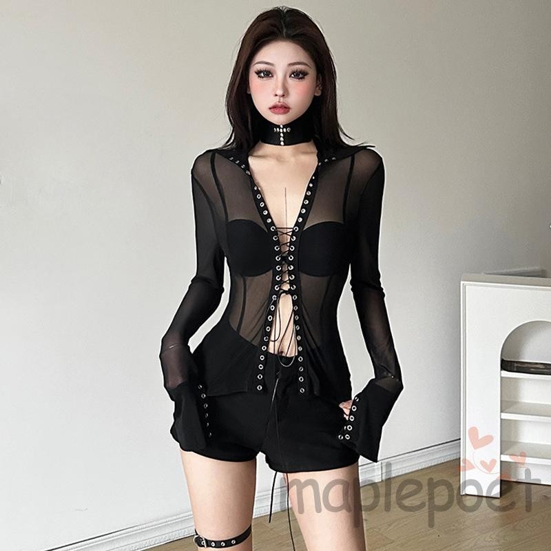 Áo dài tay xuyên thấu lưới đenMAPLEPOET, có dây buộc phía trước và choker, phù hợp mùa hè
